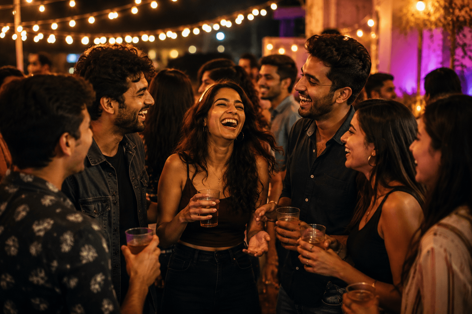 Friends laughing and enjoying a vibrant social party