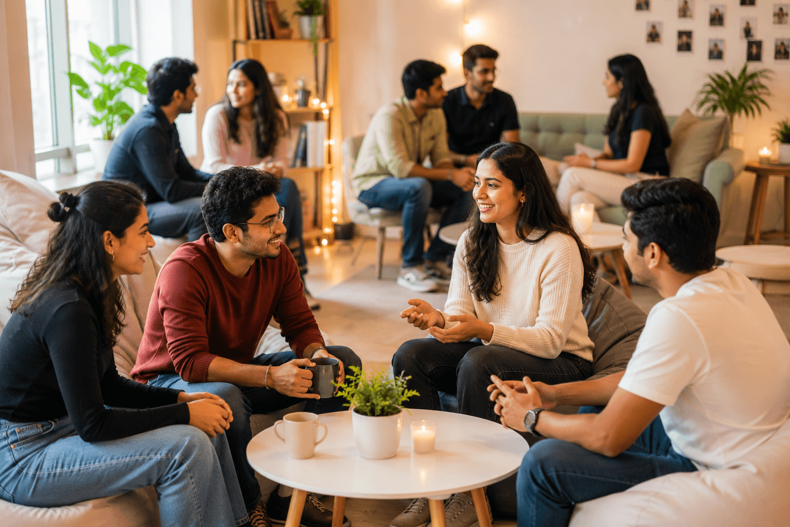 Introverted people comfortably socializing in a calm indoor setting