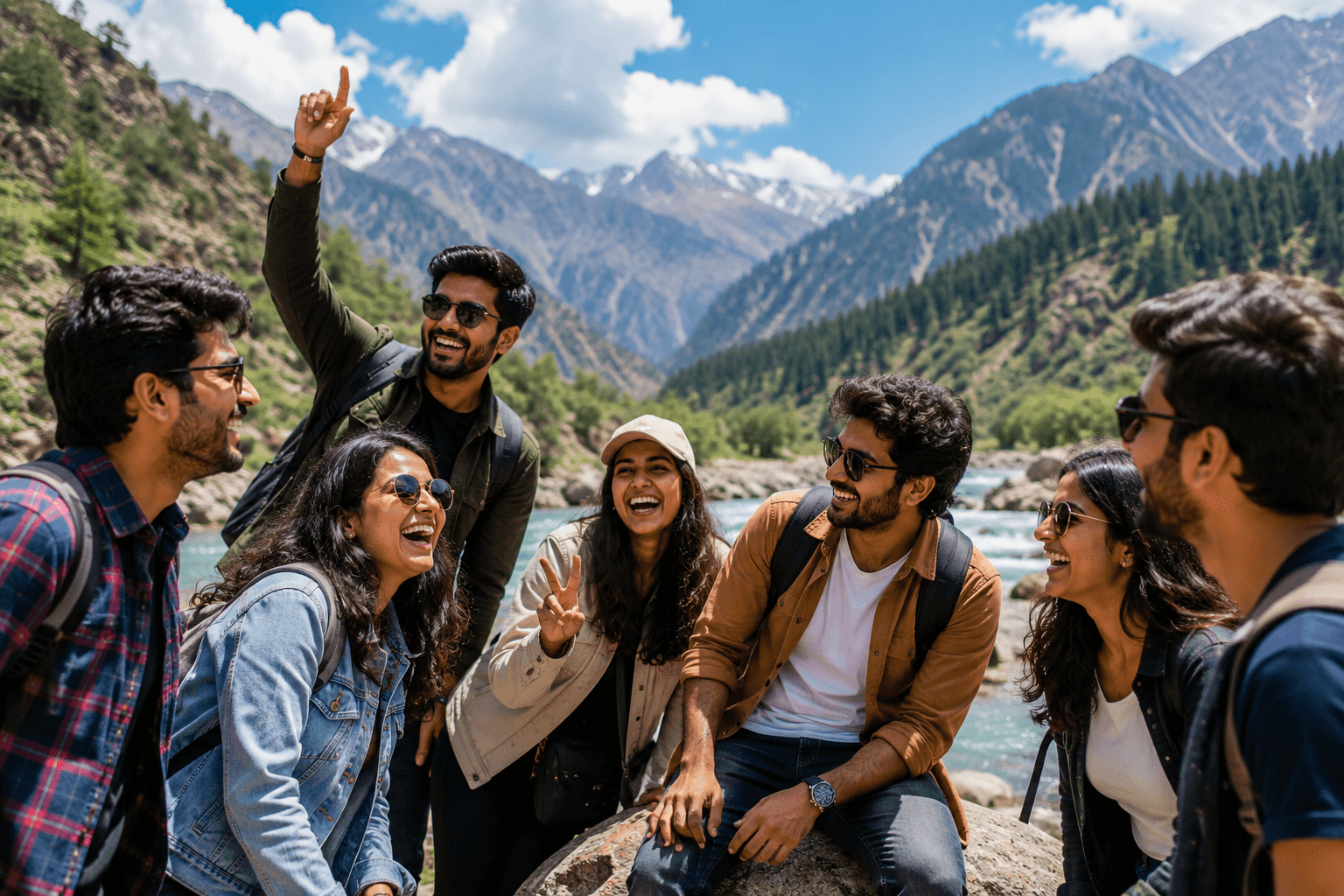 Friends enjoying a scenic group trip adventure outdoors