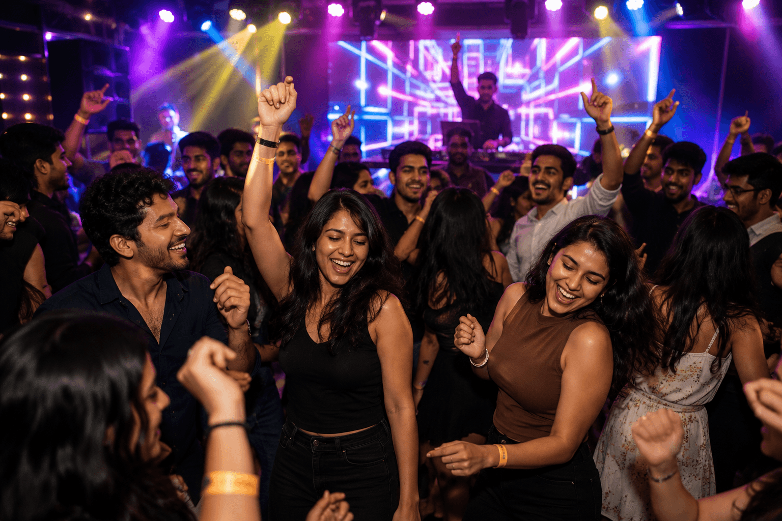 Crowd dancing joyfully at a DJ music party